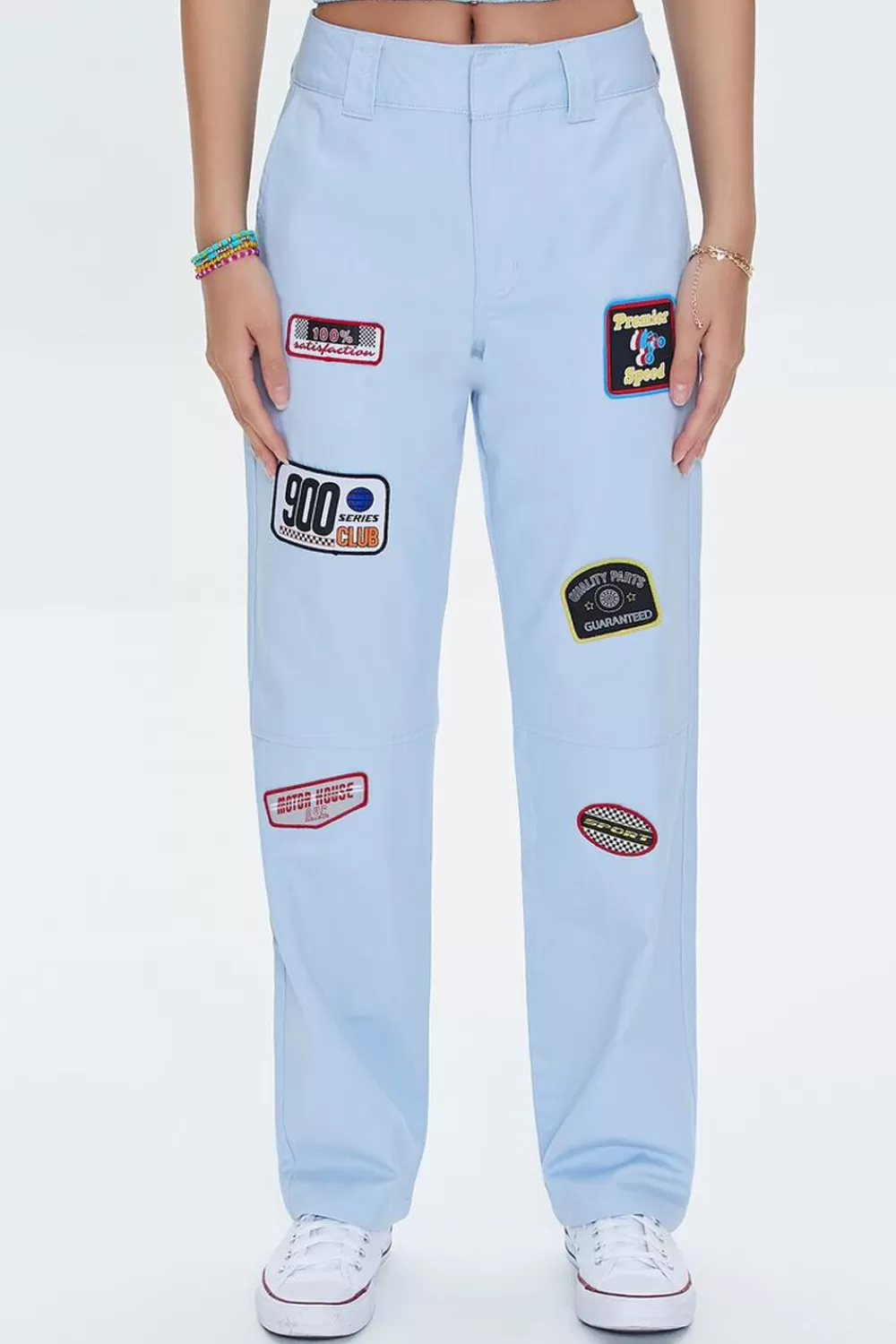 Bottoms>Forever 21 900 Series Club Patch Graphic Pants Sky Blue
