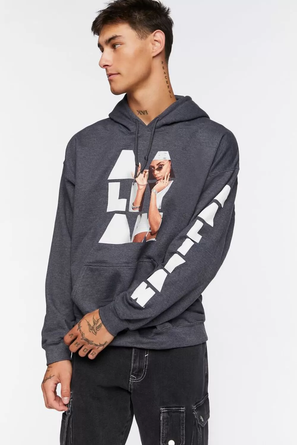 Graphic Tees>Forever 21 Aaliyah Graphic Drawstring Hoodie Heather Grey/Multi