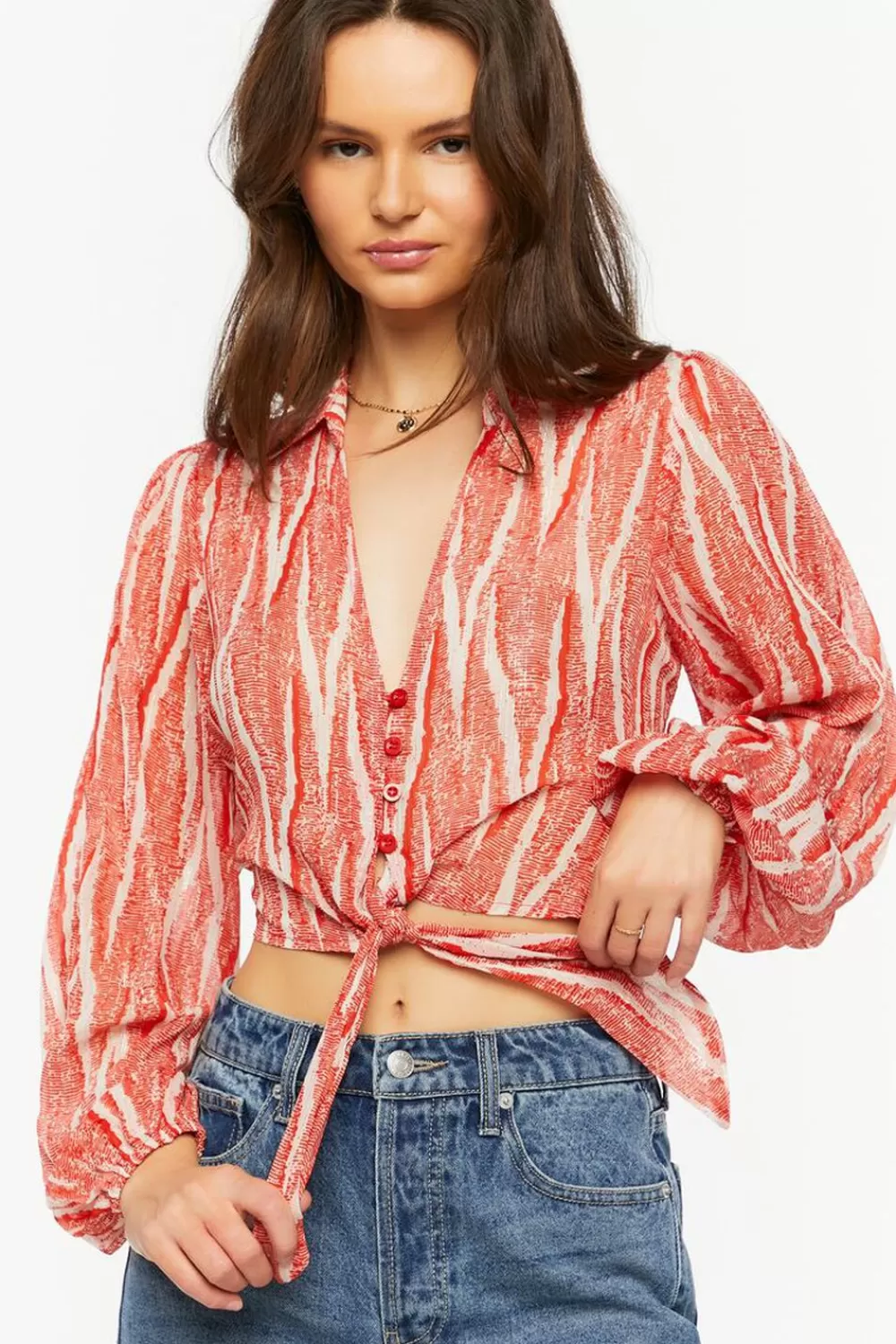Forever 21 Abstract Chiffon Tie-Front Shirt | Women Tops