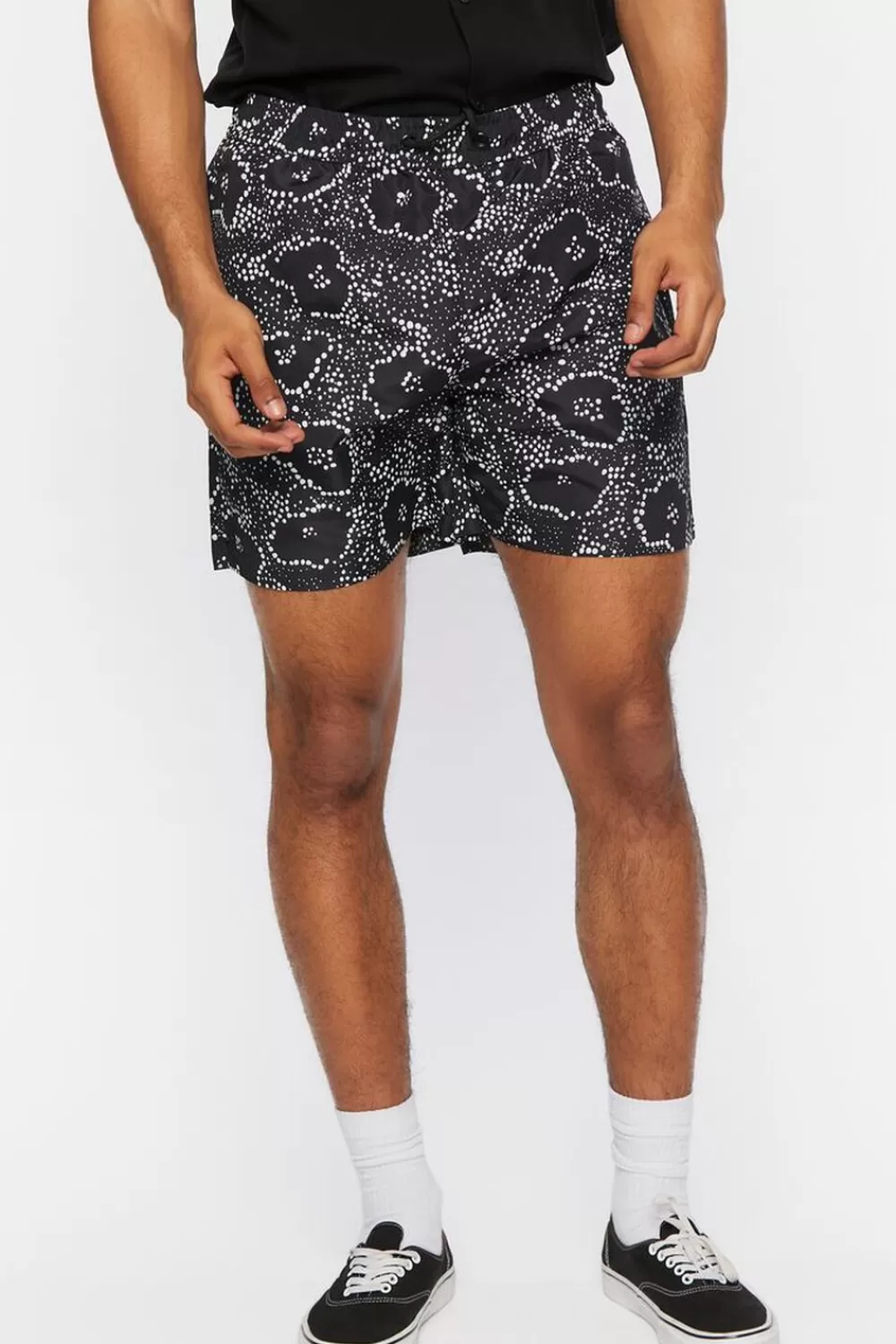 Bottoms>Forever 21 Abstract Floral Print Swim Trunks Black/White