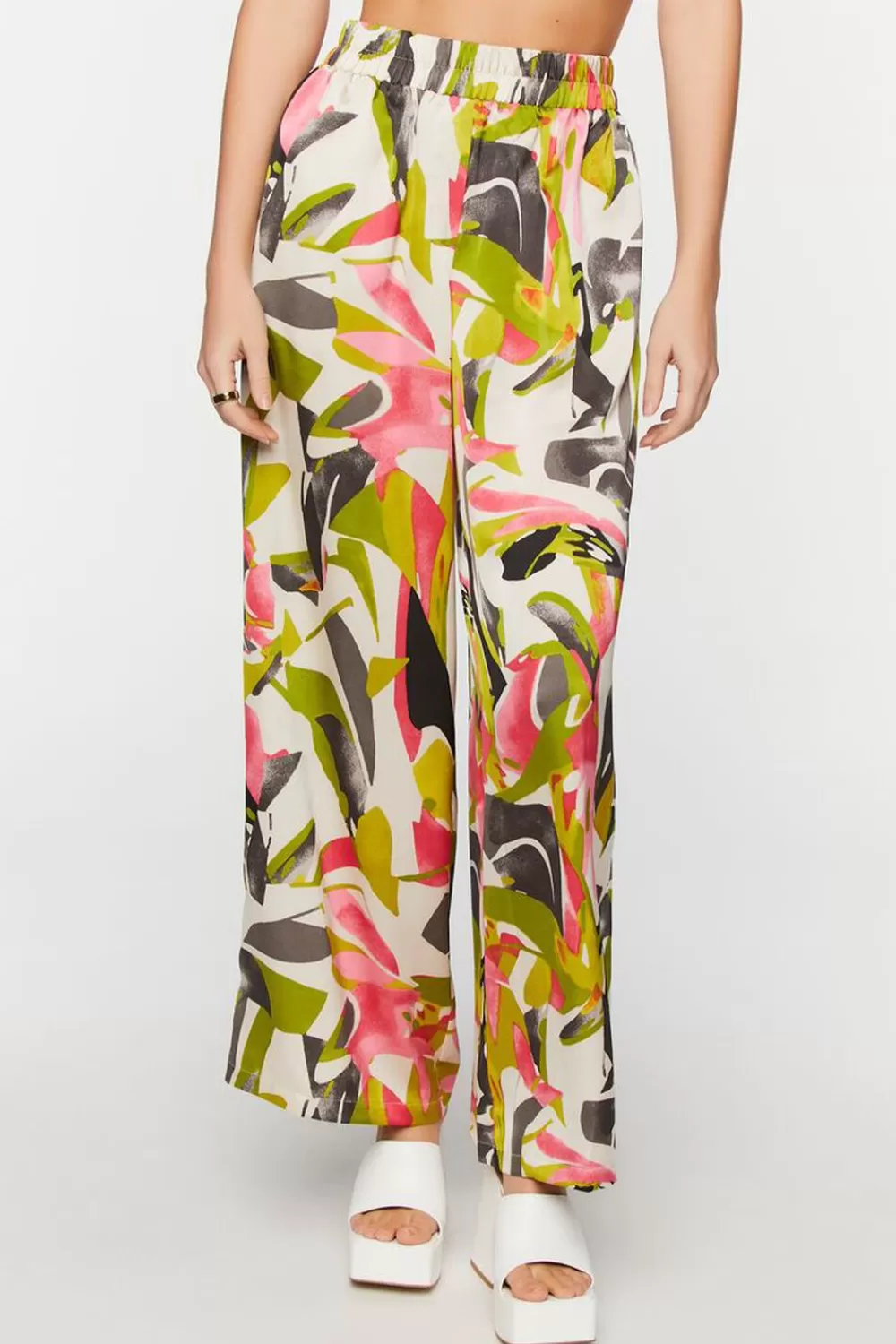 Matching Sets>Forever 21 Abstract Floral Wide-Leg Pants Green Apple/Multi