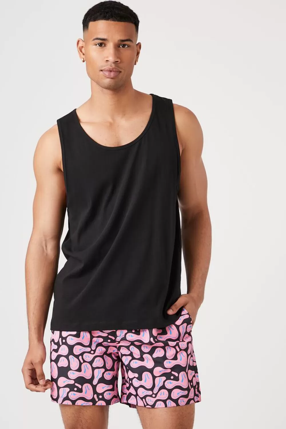 Bottoms>Forever 21 Abstract Happy Face Swim Trunks Black/Multi