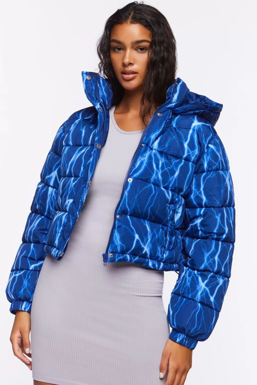 Jackets + Outerwear>Forever 21 Abstract Lightning Print Puffer Jacket Blue/Multi