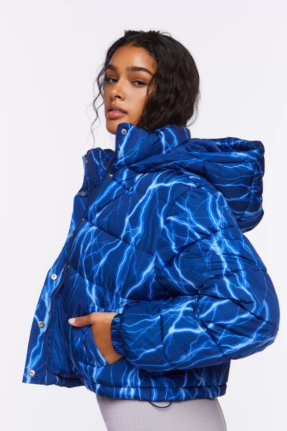 Jackets + Outerwear>Forever 21 Abstract Lightning Print Puffer Jacket Blue/Multi