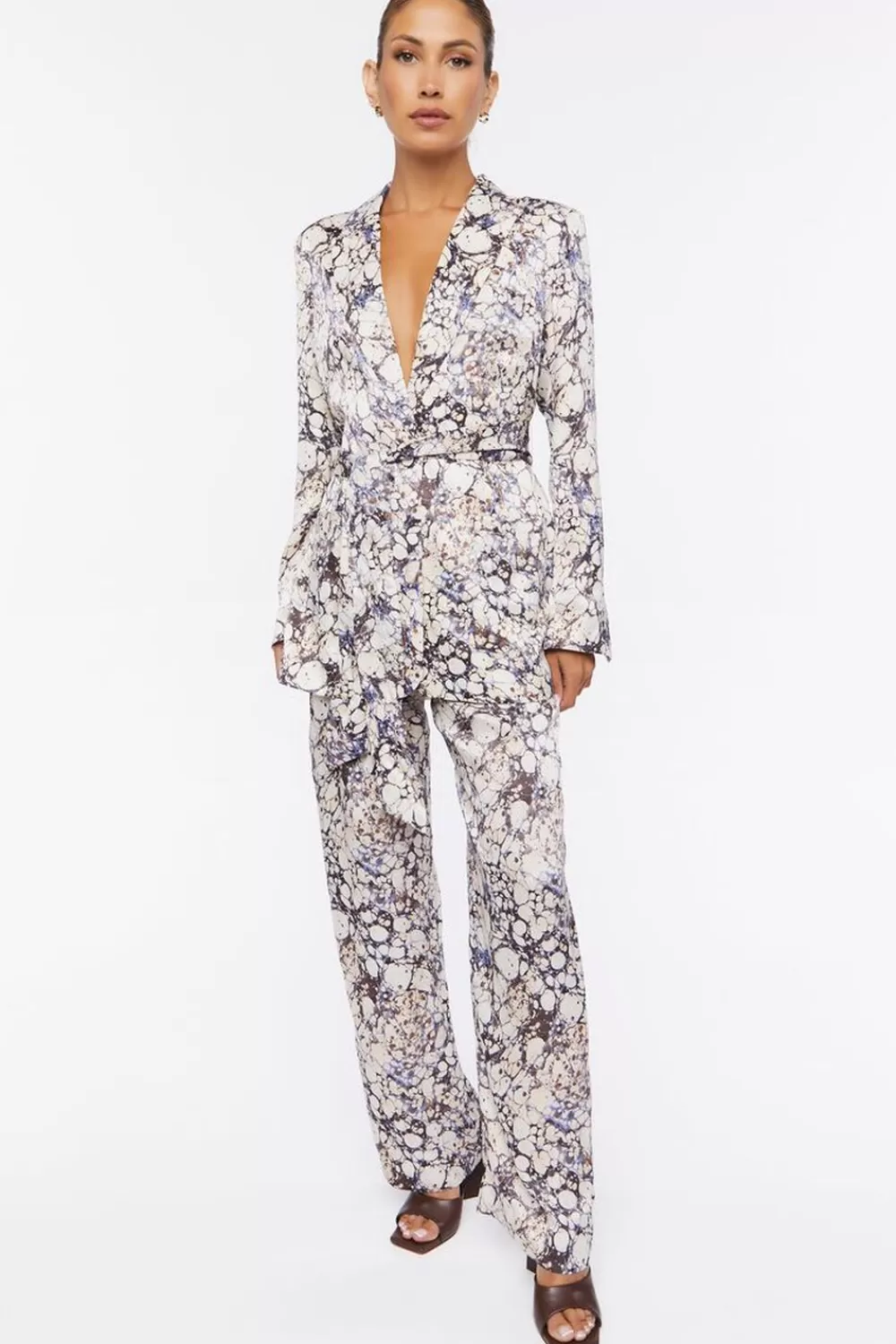 Matching Sets>Forever 21 Abstract Marble Print Trouser Pants Cream/Multi