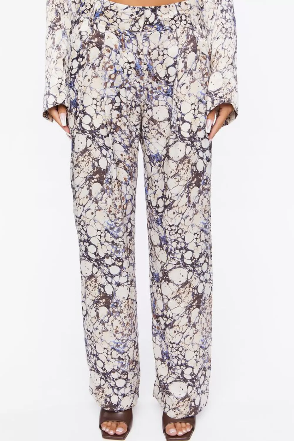 Matching Sets>Forever 21 Abstract Marble Print Trouser Pants Cream/Multi