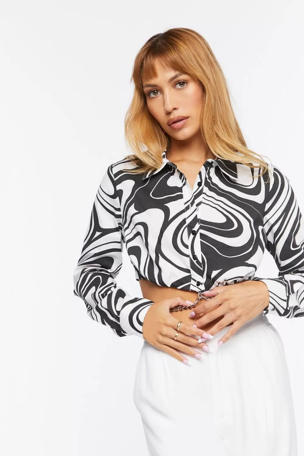 Forever 21 Abstract Print Chain-Hem Cropped Shirt | Women Tops