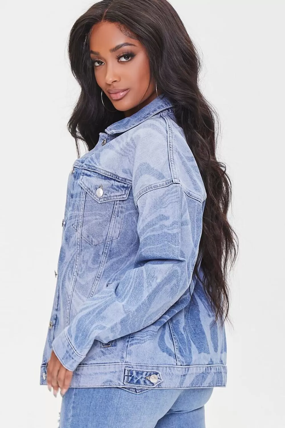 Matching Sets>Forever 21 Abstract Print Denim Jacket Medium Denim/White