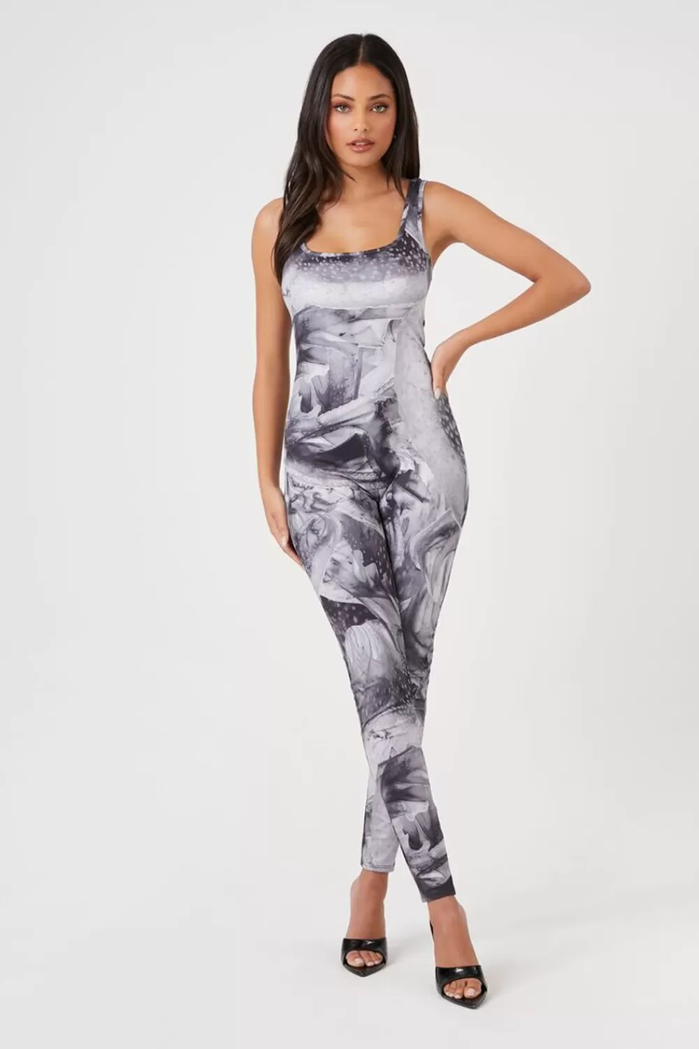 Rompers + Jumpsuits>Forever 21 Abstract Print Fitted Jumpsuit Grey/Multi