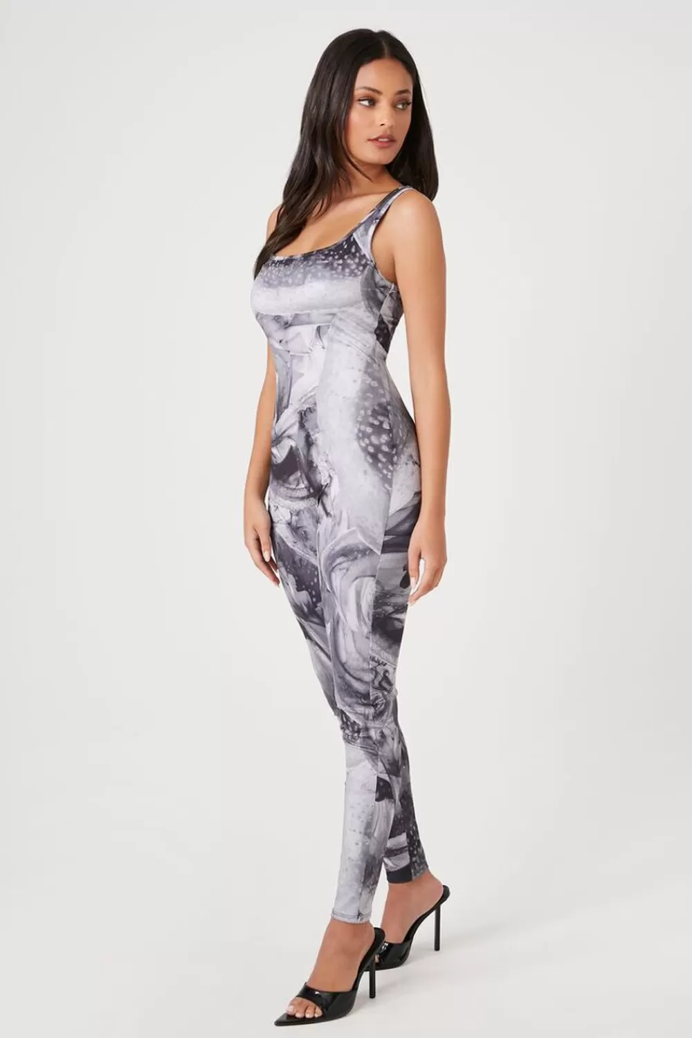 Rompers + Jumpsuits>Forever 21 Abstract Print Fitted Jumpsuit Grey/Multi