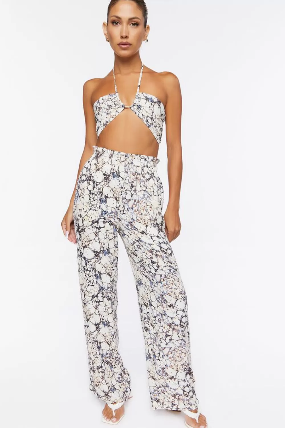 Matching Sets>Forever 21 Abstract Print Paperbag Pants Ivory/Multi