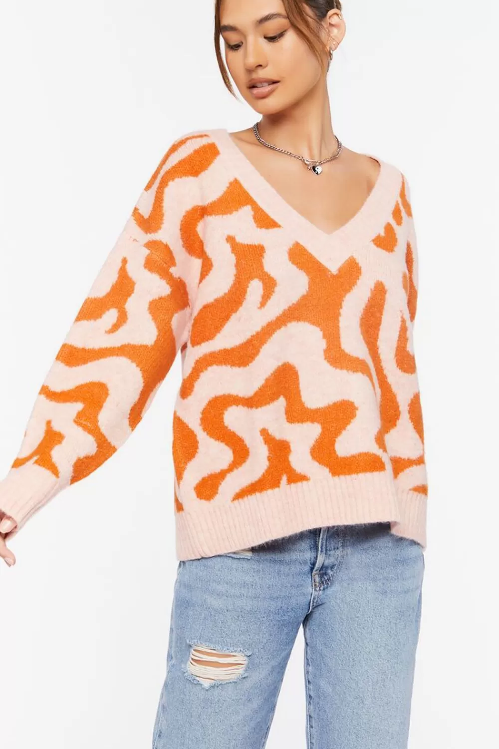 Forever 21 Abstract Print V-Neck Sweater | Women Tops