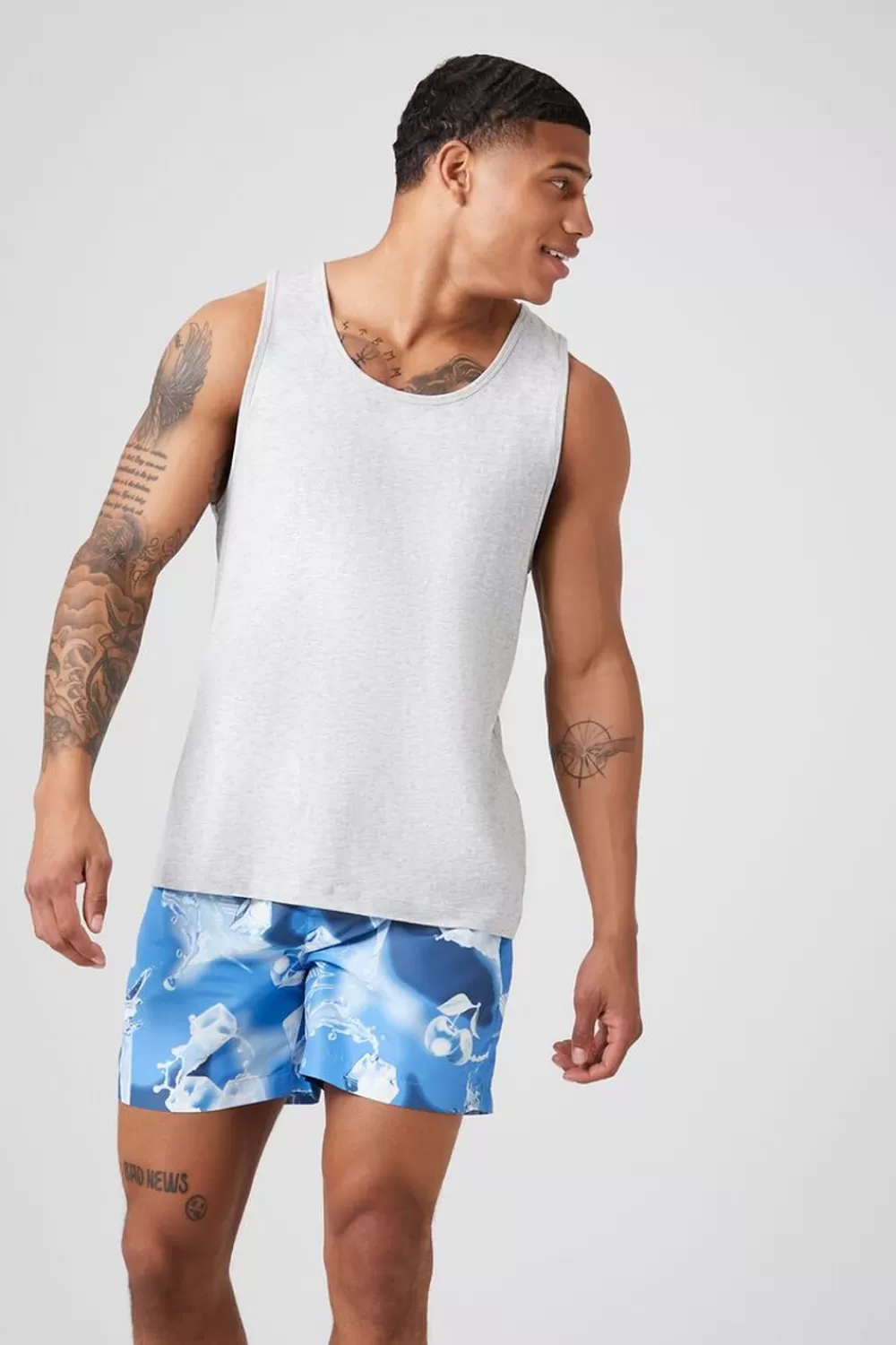 Bottoms>Forever 21 Abstract Water Print Swim Trunks Aqua/Multi