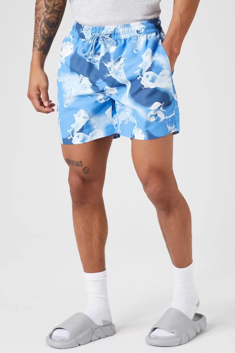 Bottoms>Forever 21 Abstract Water Print Swim Trunks Aqua/Multi