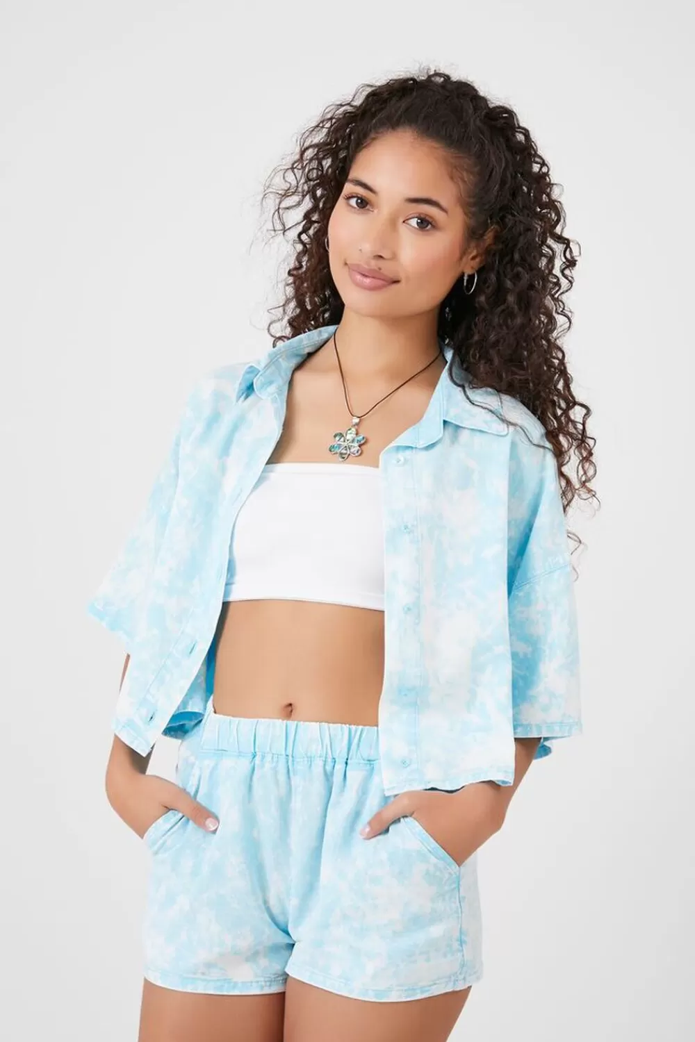 Matching Sets>Forever 21 Acid Wash Chambray Shorts Maui Blue