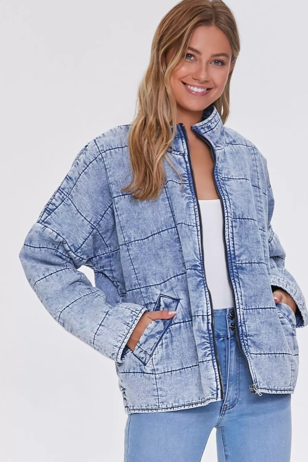 Jackets + Outerwear>Forever 21 Acid Wash Quilted Denim Jacket Medium Denim