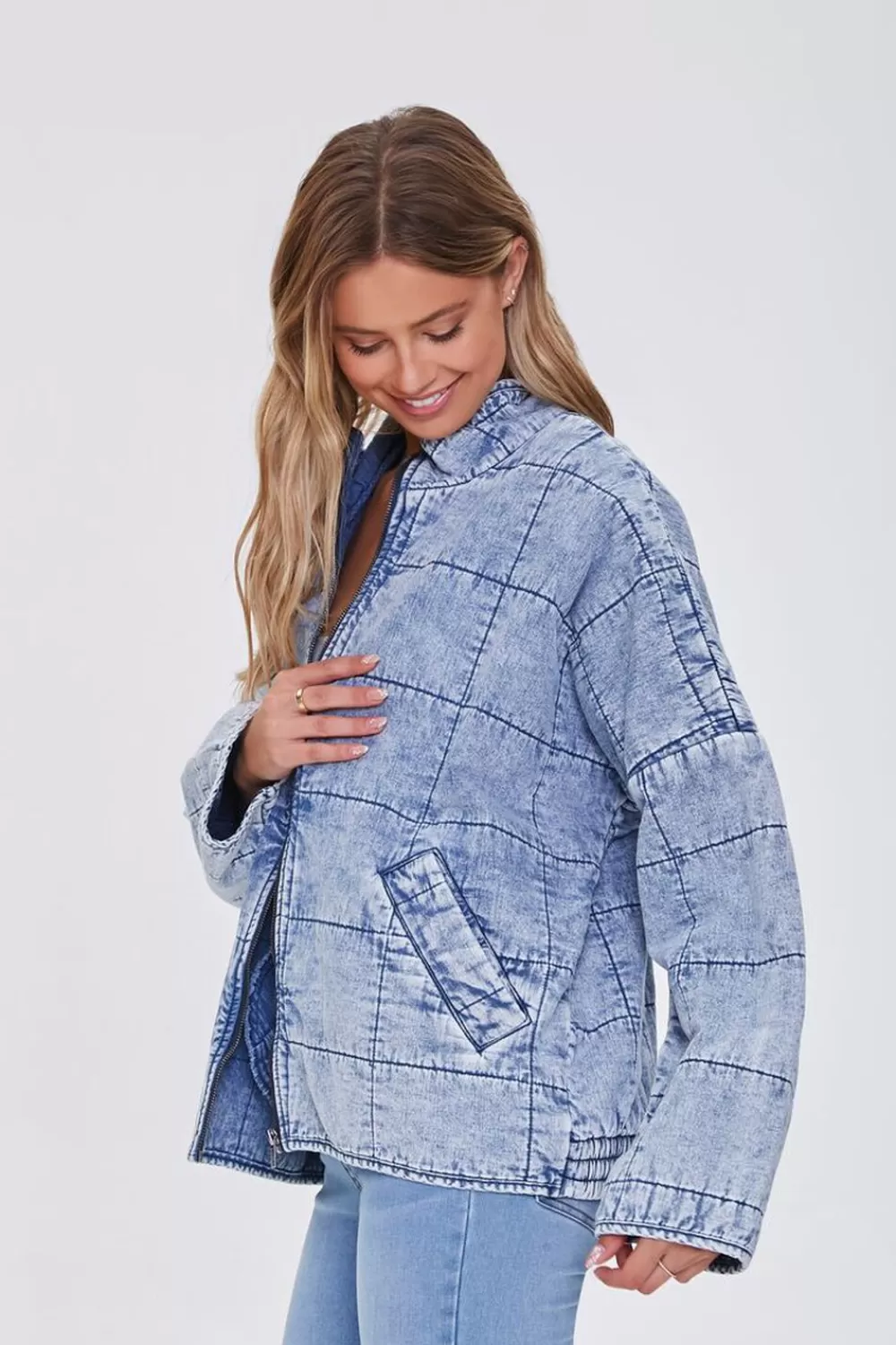 Jackets + Outerwear>Forever 21 Acid Wash Quilted Denim Jacket Medium Denim