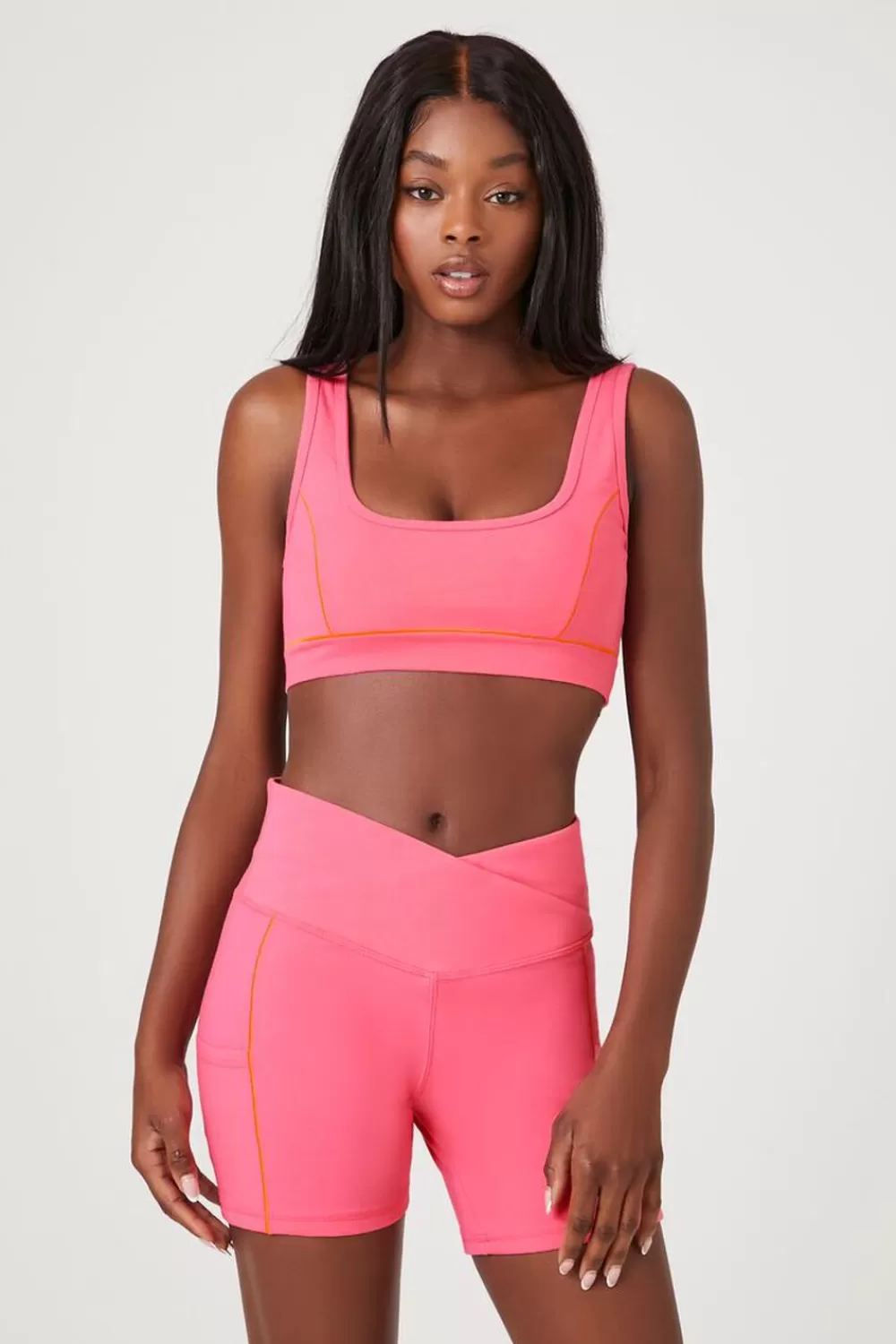 Matching Sets>Forever 21 Active Contrast-Seam Biker Shorts Hot Pink/Neon Orange