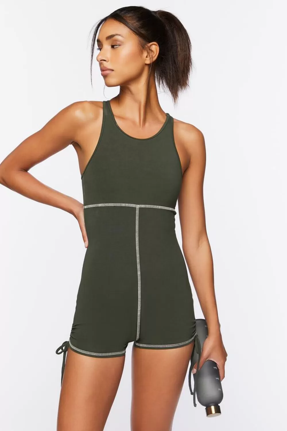 Activewear>Forever 21 Active Cotton-Blend Drawstring Romper Cypress