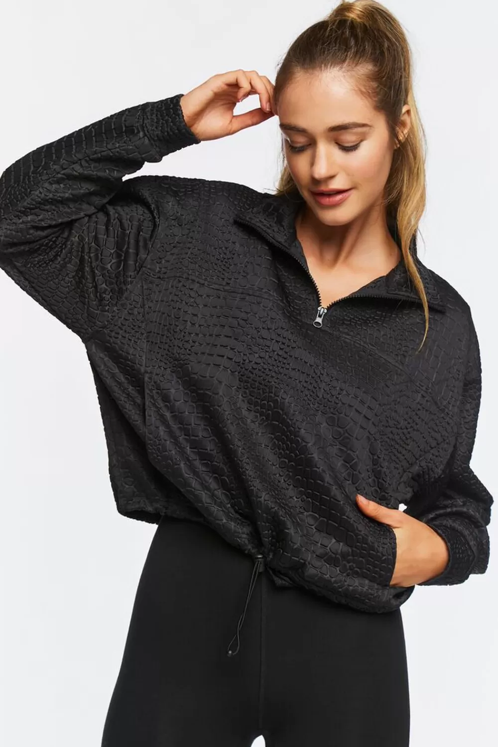Activewear>Forever 21 Active Croc Print Half-Zip Pullover Black
