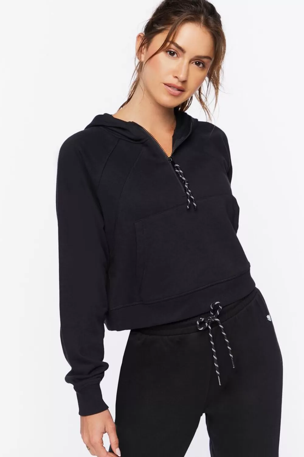 Activewear>Forever 21 Active Cropped Half-Zip Hoodie Black