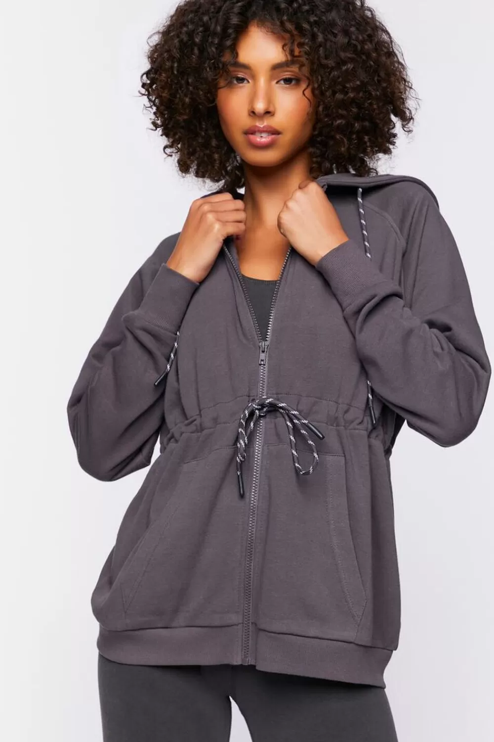 Jackets + Outerwear>Forever 21 Active Drawstring Zip-Up Hoodie Charcoal