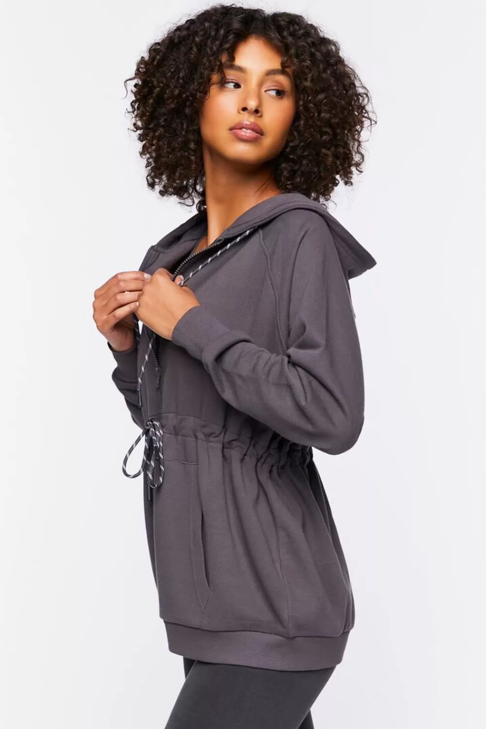 Jackets + Outerwear>Forever 21 Active Drawstring Zip-Up Hoodie Charcoal