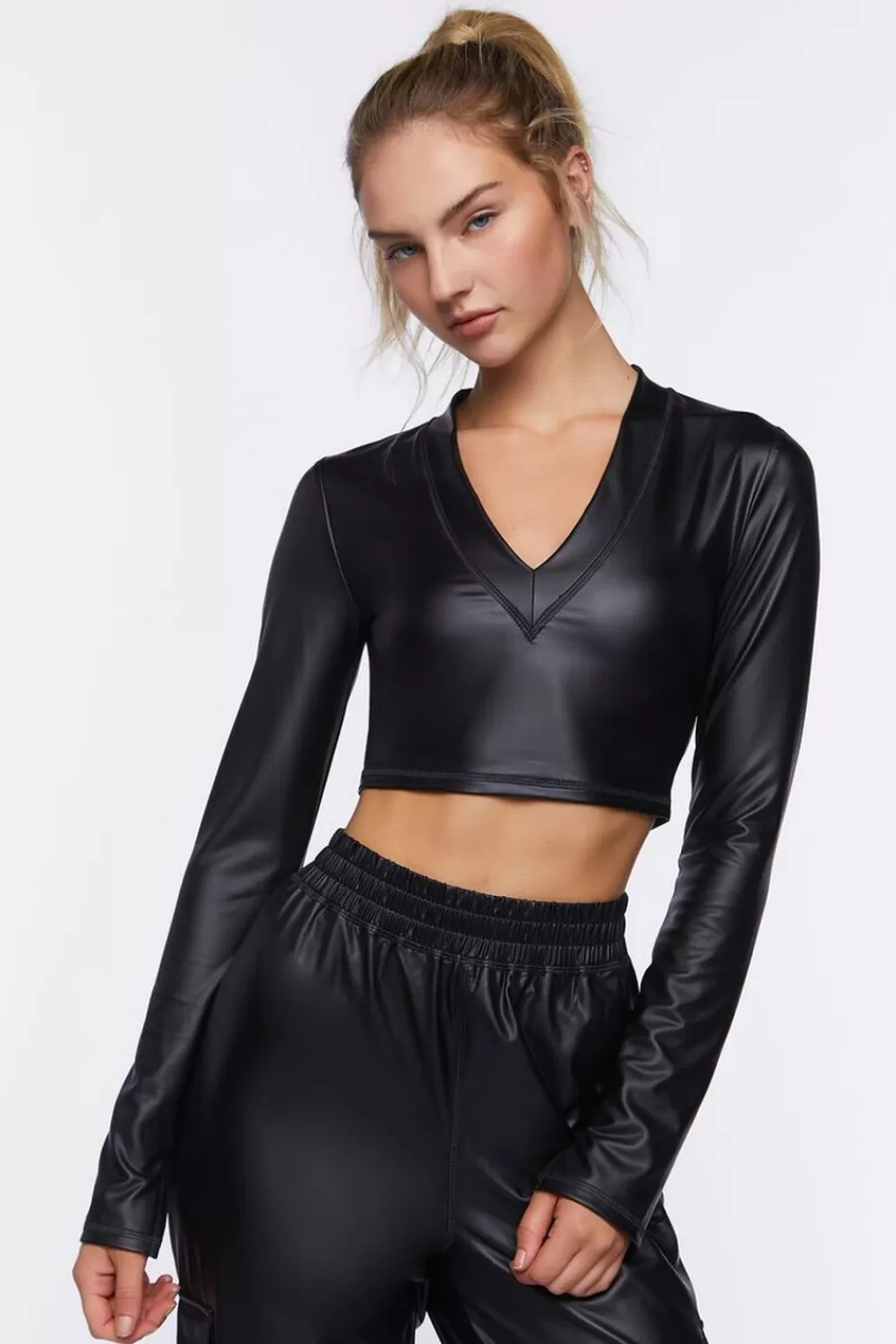 Activewear>Forever 21 Active Faux Leather Crop Top Black