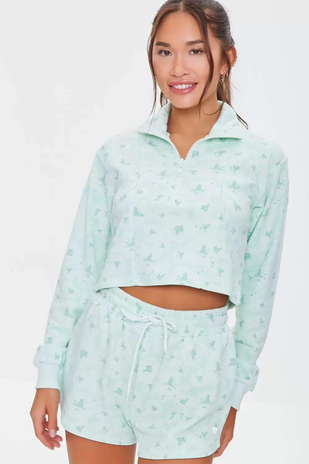 Activewear>Forever 21 Active Floral Half-Zip Pullover Seafoam/White