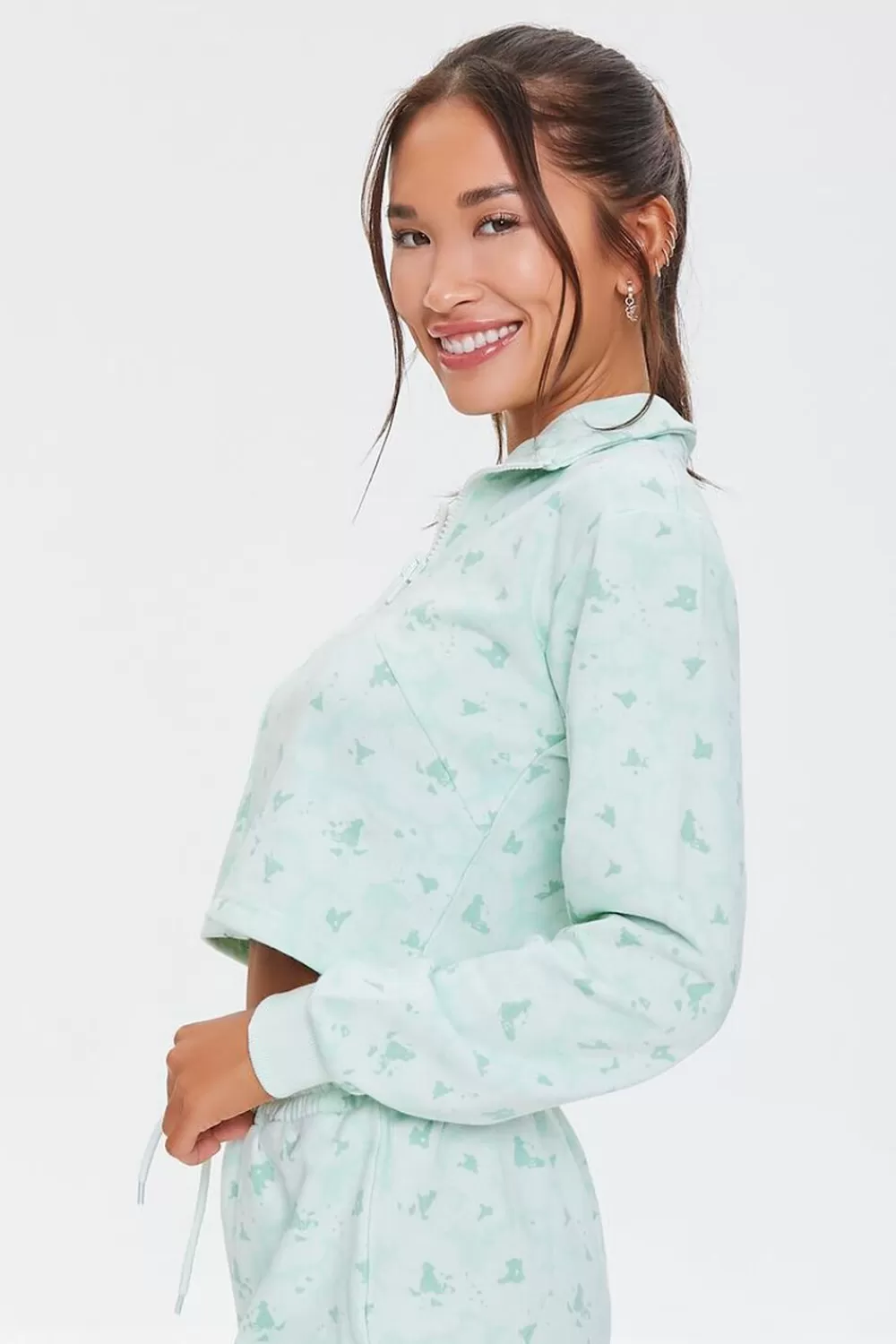 Activewear>Forever 21 Active Floral Half-Zip Pullover Seafoam/White