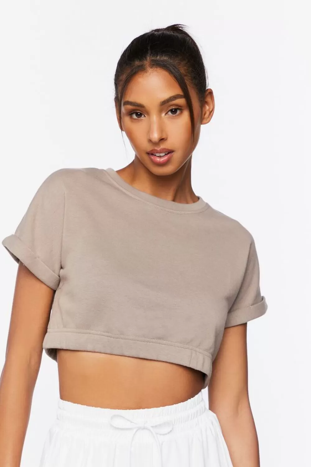 Activewear>Forever 21 Active French Terry Crop Top Taupe