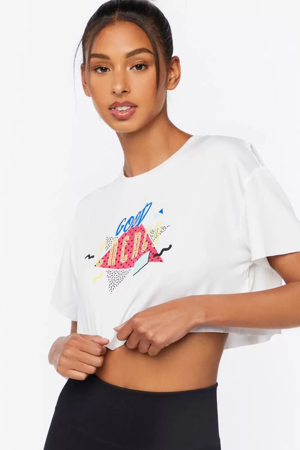 Activewear>Forever 21 Active Good Energy Graphic Cropped Tee White/Multi