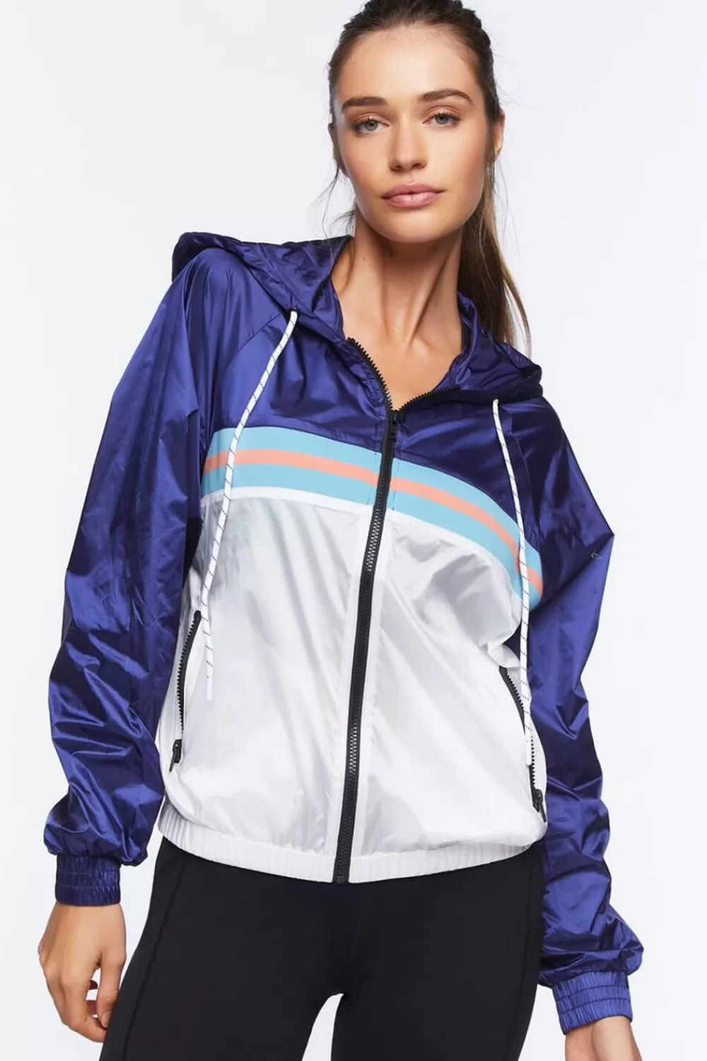 Jackets + Outerwear>Forever 21 Active Hooded Windbreaker Jacket Navy/White