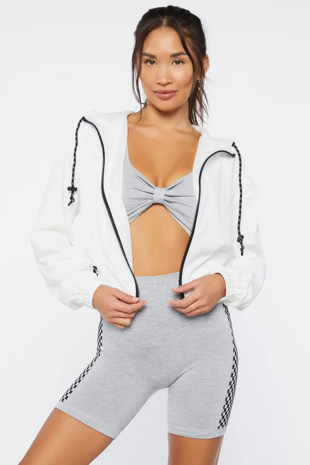 Jackets + Outerwear>Forever 21 Active Hooded Zip-Up Windbreaker White