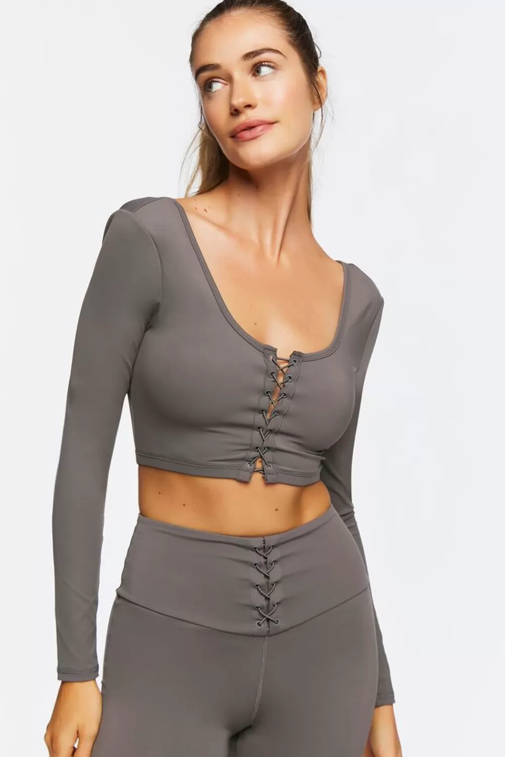 Activewear>Forever 21 Active Lace-Up Long-Sleeve Crop Top Charcoal
