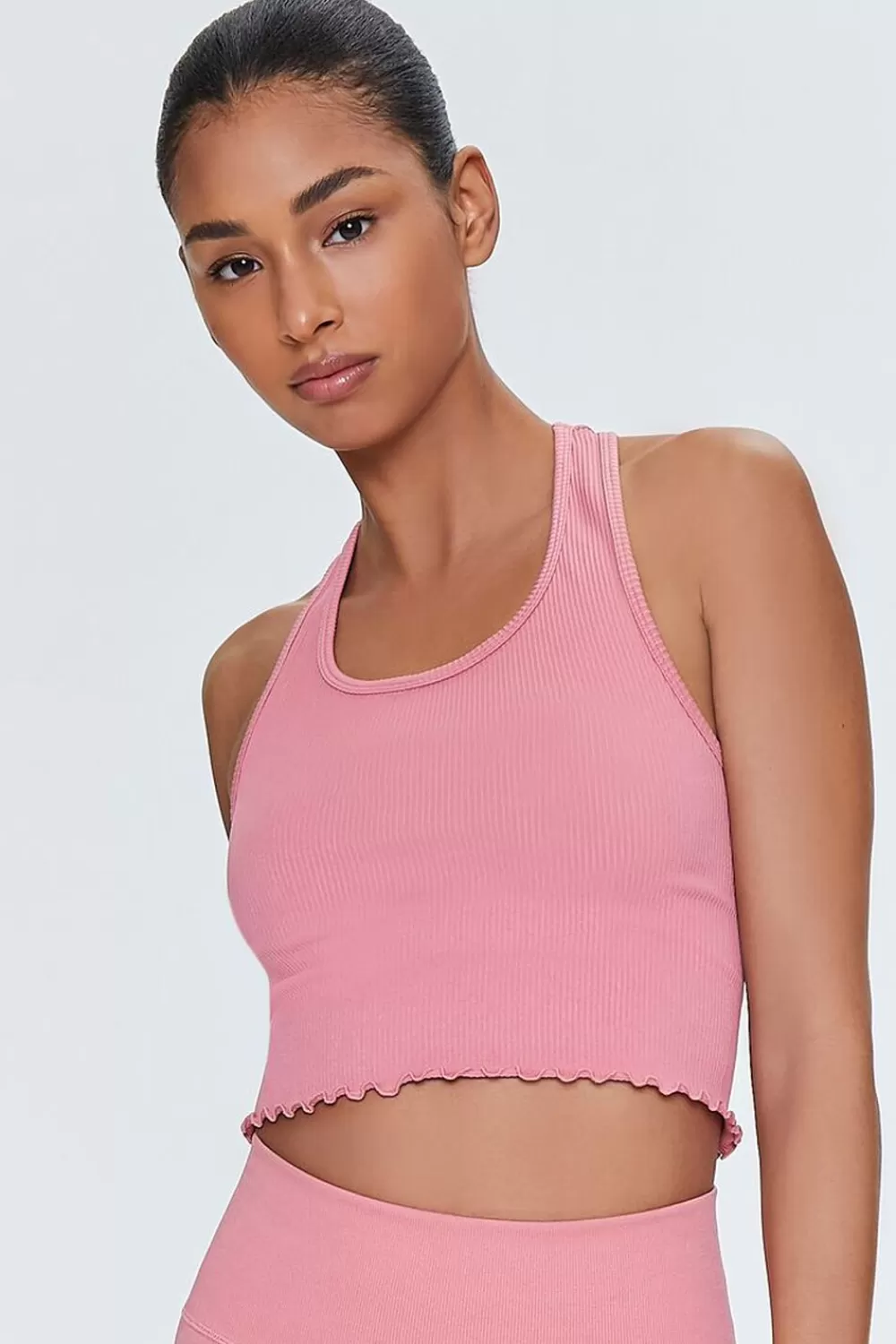 Activewear>Forever 21 Active Lettuce-Edge Crop Top Dusty Pink