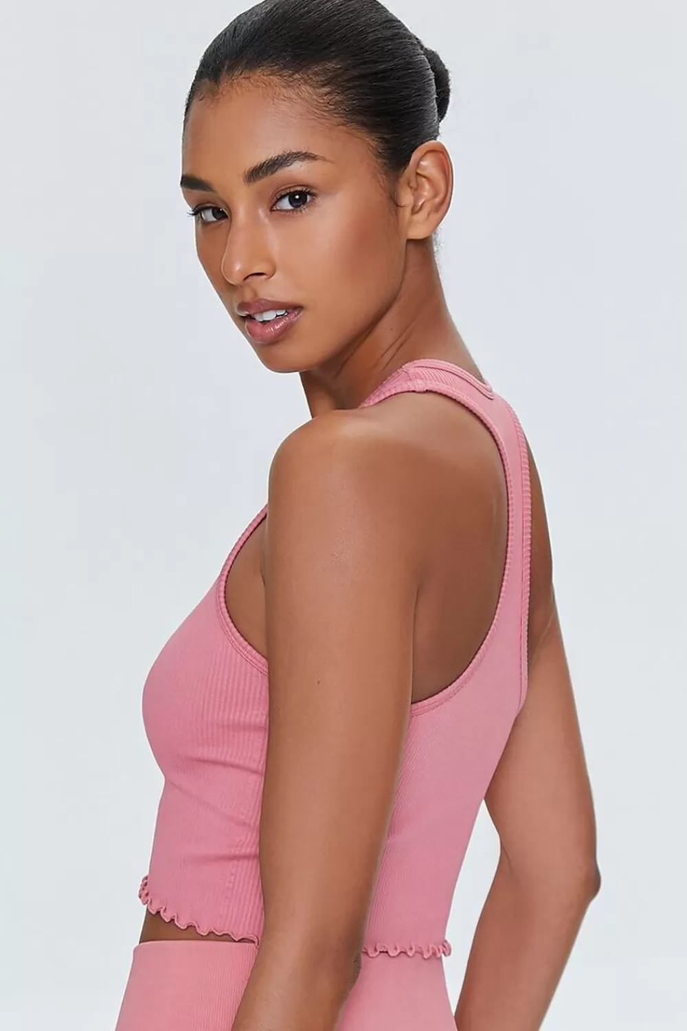 Activewear>Forever 21 Active Lettuce-Edge Crop Top Dusty Pink