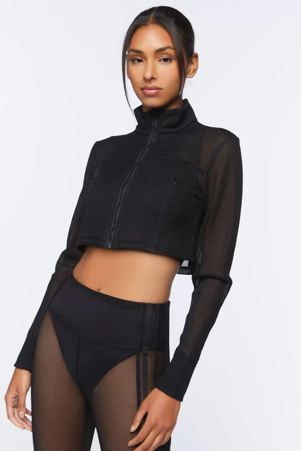 Jackets + Outerwear>Forever 21 Active Mesh Zip-Up Cropped Jacket Black