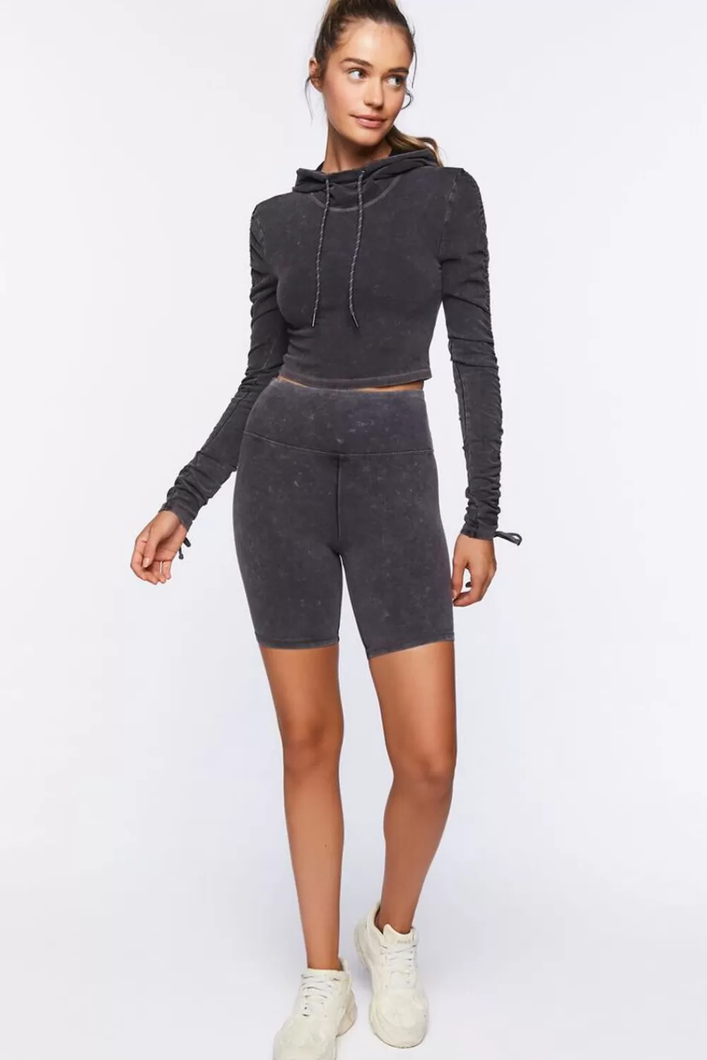 Matching Sets>Forever 21 Active Mineral Wash Hooded Top Charcoal