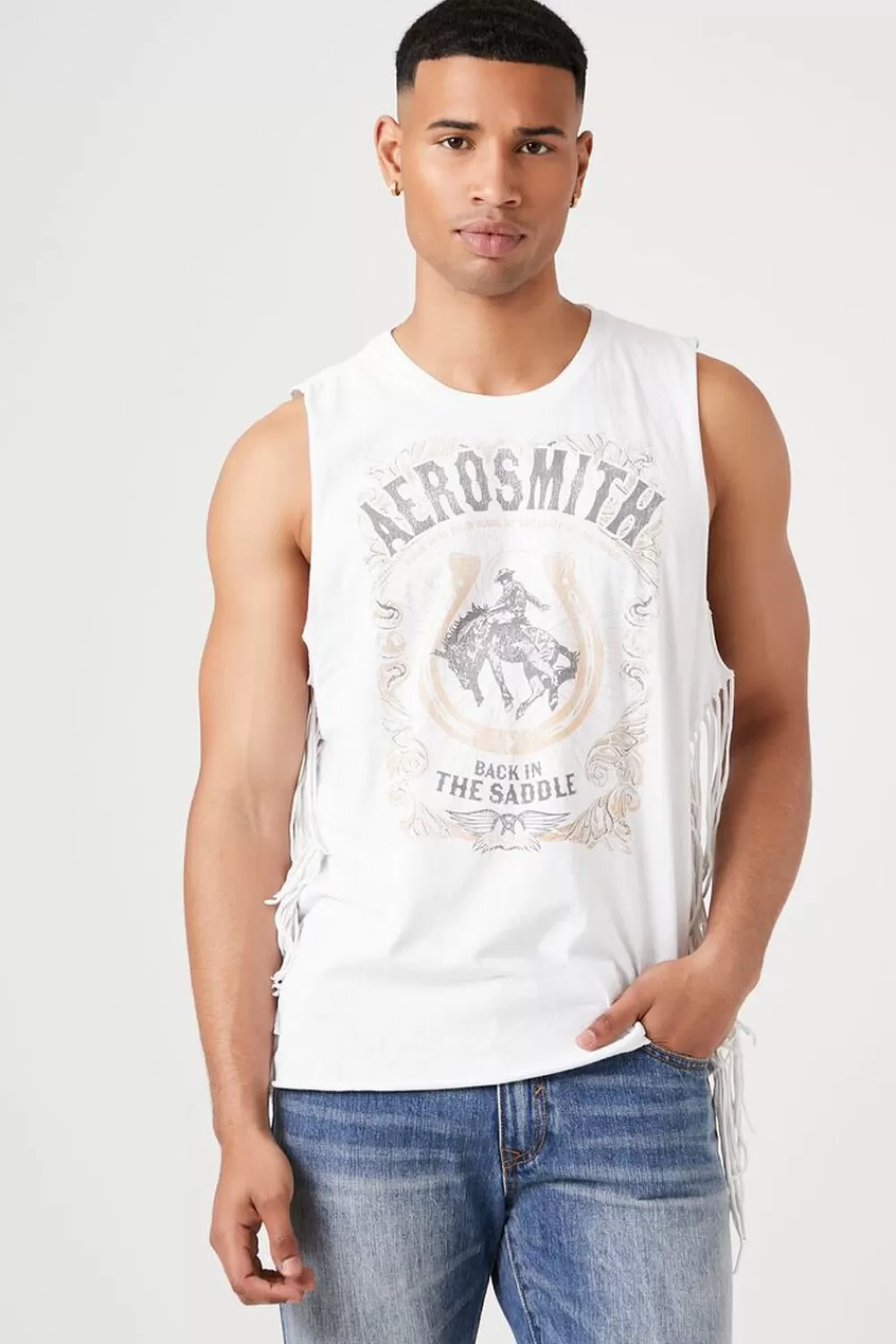 Graphic Tees>Forever 21 Aerosmith Graphic Fringe Muscle Tee White/Multi