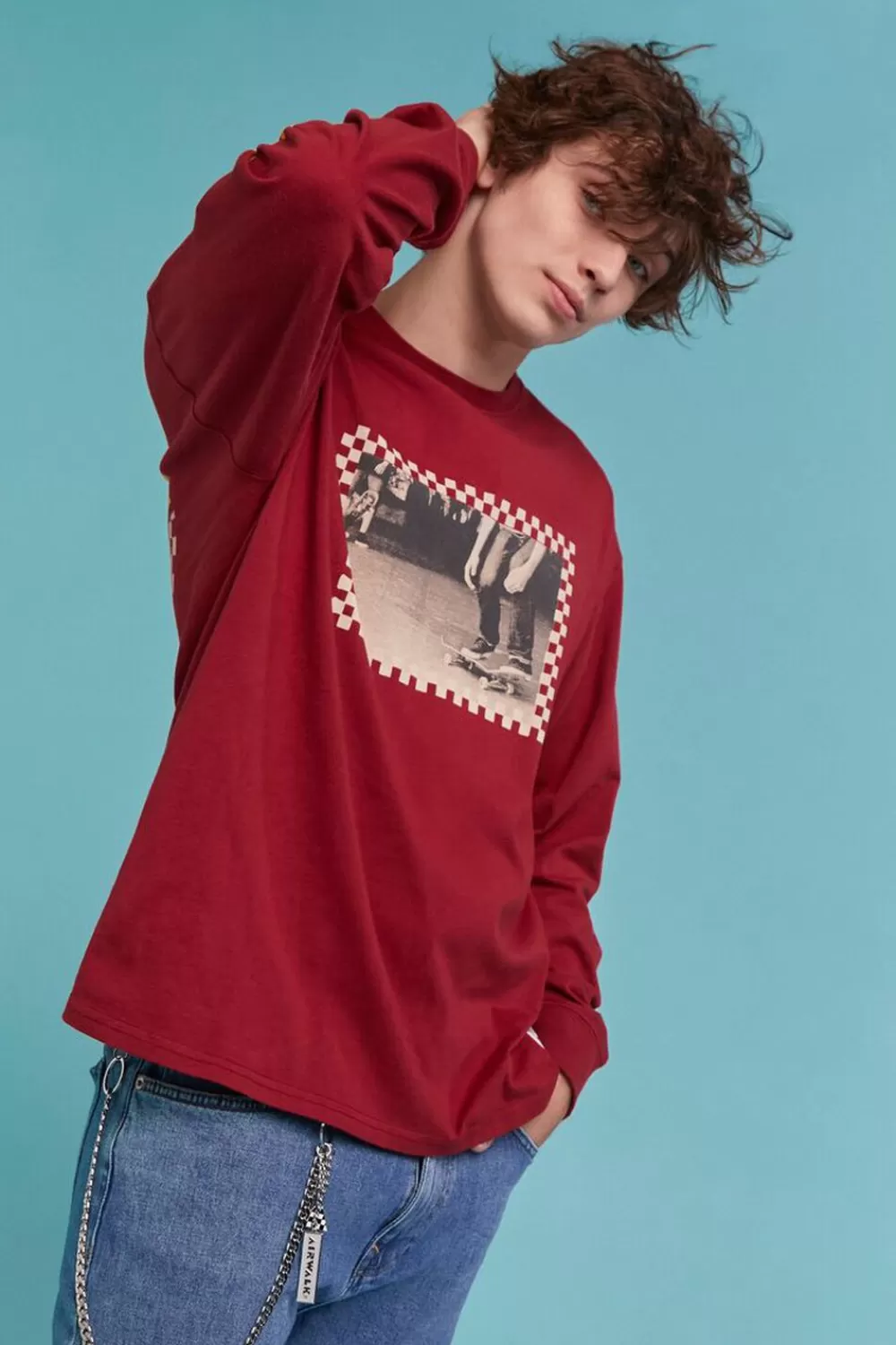 Graphic Tees>Forever 21 Airwalk Skateboard Long-Sleeve Tee Burgundy/Multi