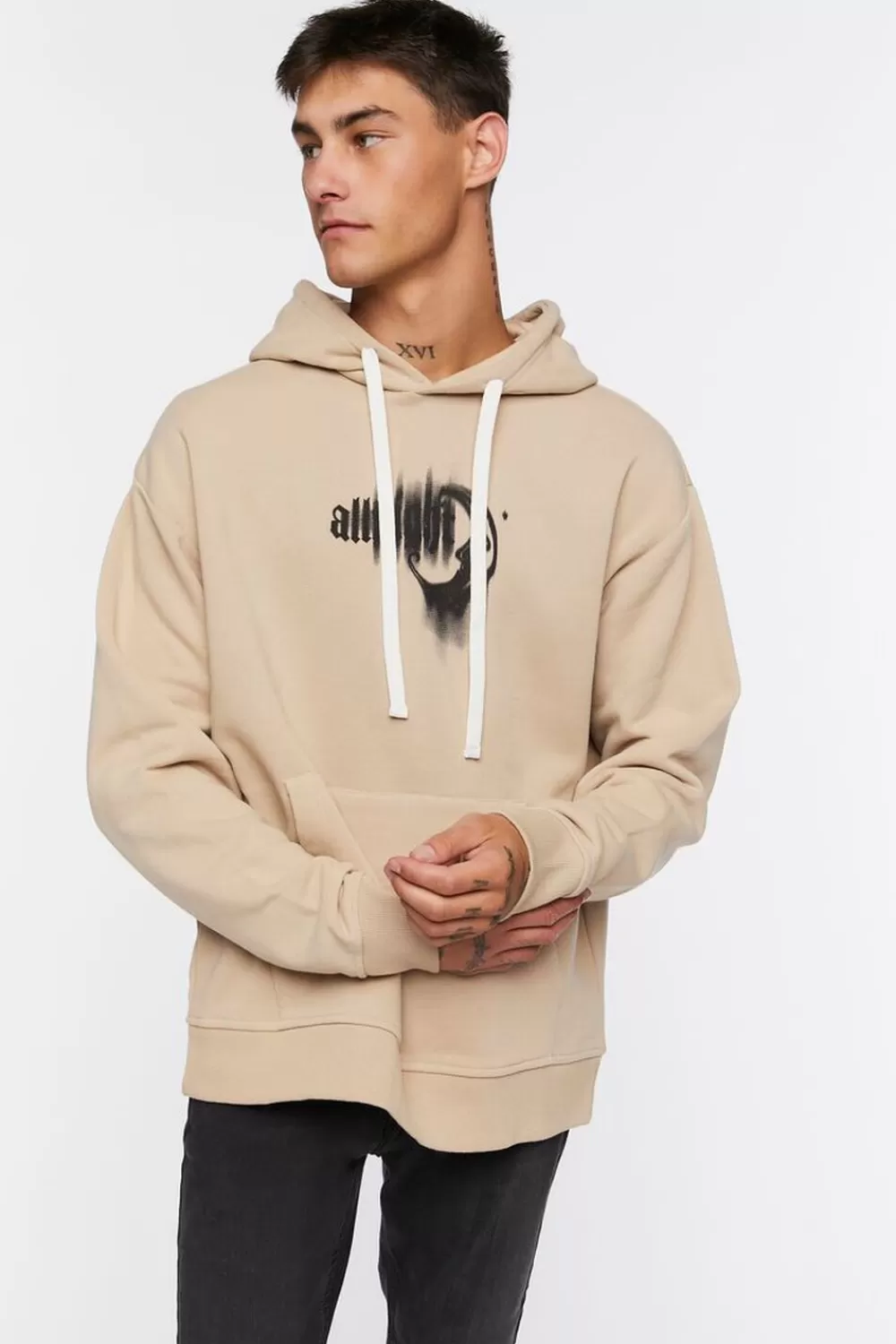 Graphic Tees>Forever 21 Allnight Graphic Hoodie Taupe/Black