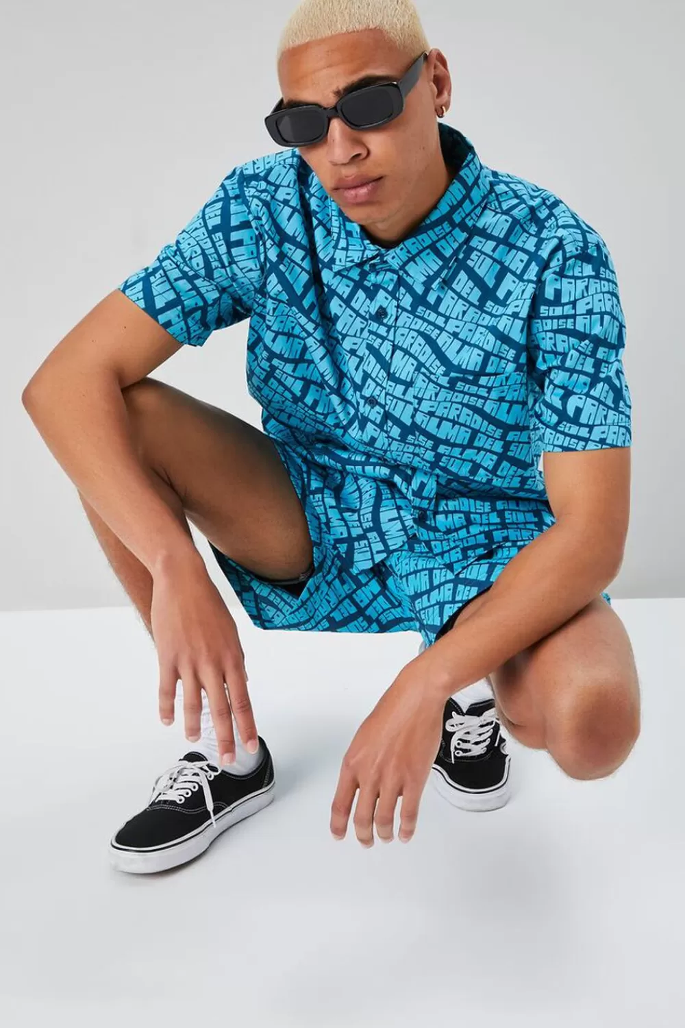 Shirts>Forever 21 Alma Del Sol Paradise Print Shirt Dark Blue/Teal