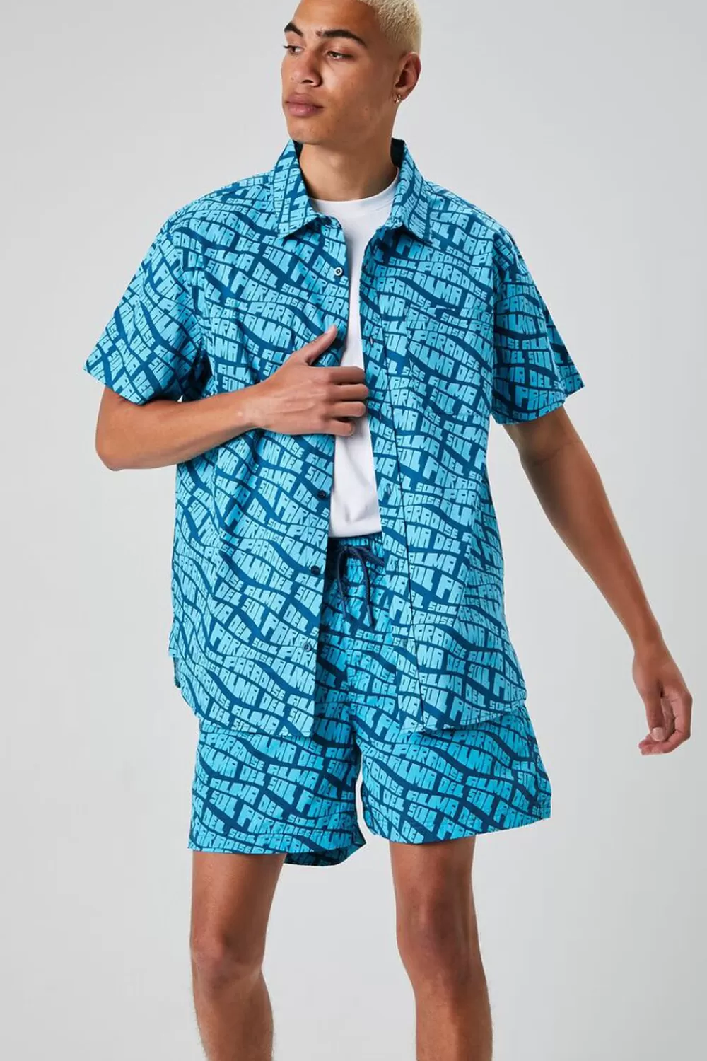 Shirts>Forever 21 Alma Del Sol Paradise Print Shirt Dark Blue/Teal
