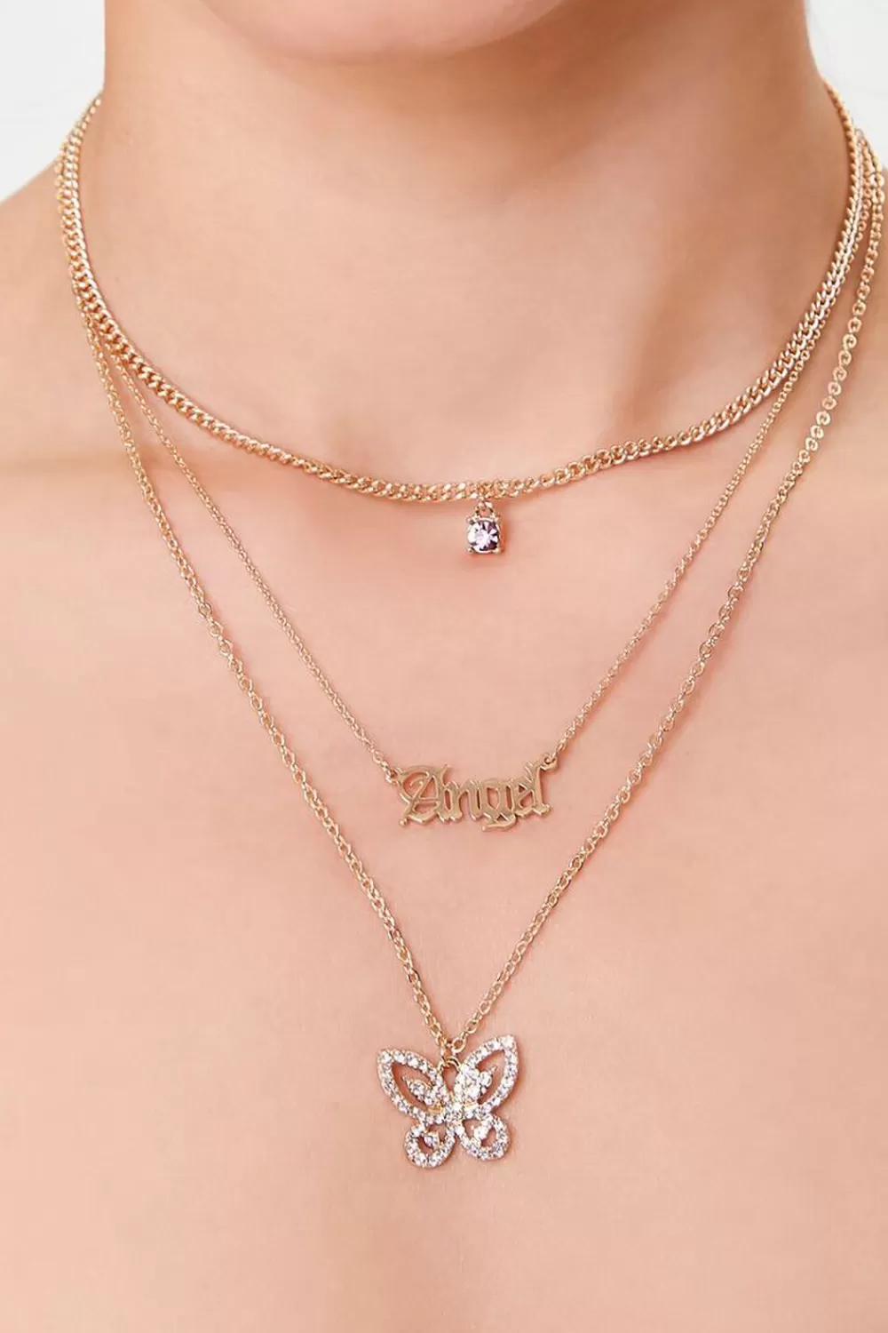 Necklaces>Forever 21 Angel Pendant Layered Necklace Gold/Clear