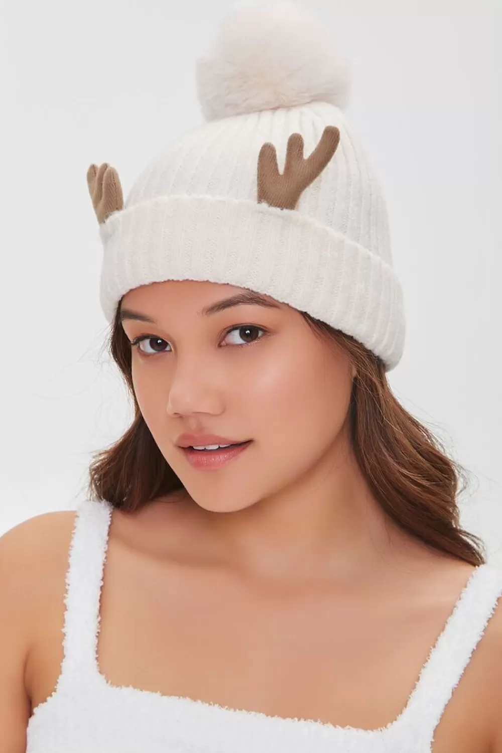 Hats + Beanies>Forever 21 Antlers Pom Pom Beanie Cream/Tan