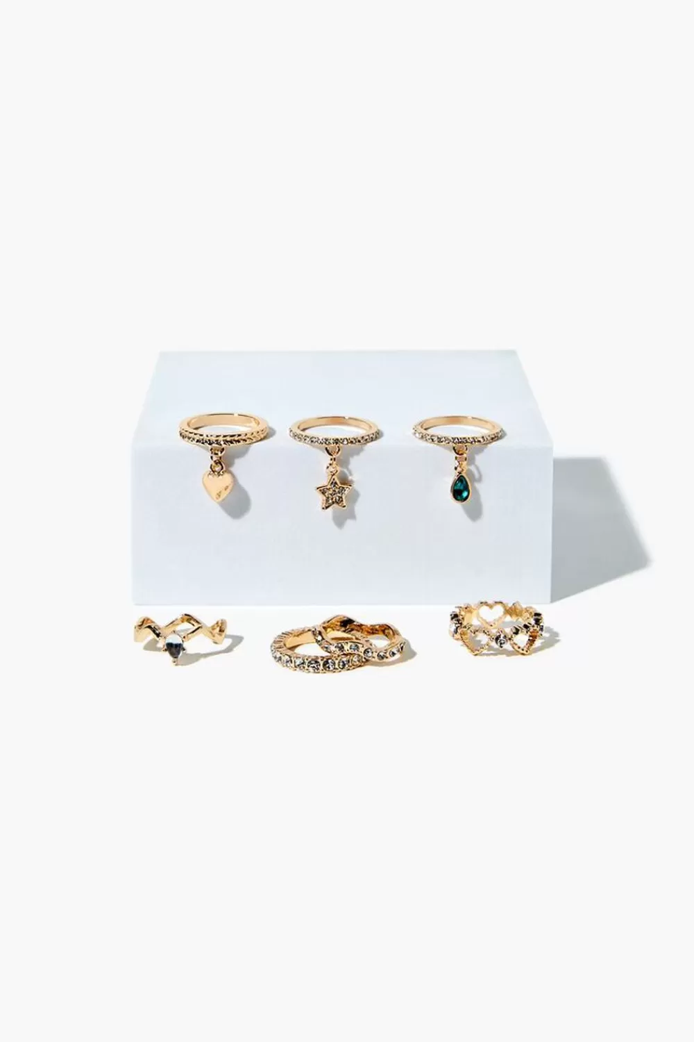 Rings>Forever 21 Assorted Rhinestone & Charm Ring Set Gold/Clear