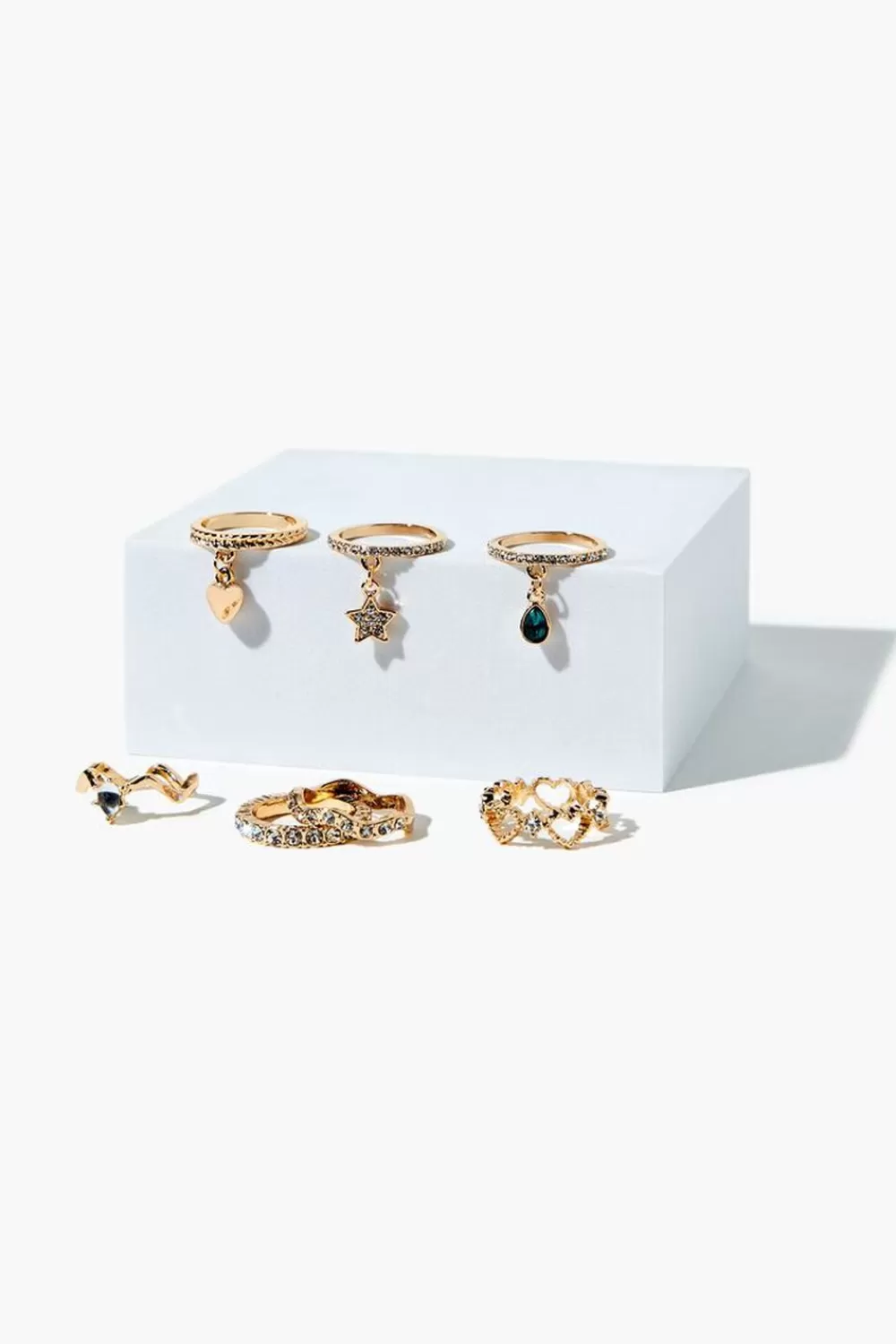 Rings>Forever 21 Assorted Rhinestone & Charm Ring Set Gold/Clear