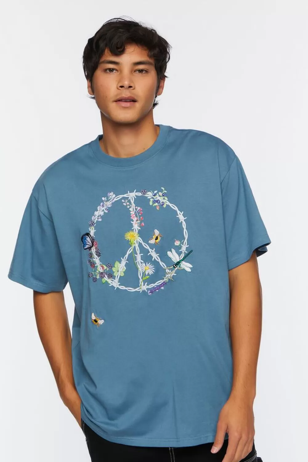 Graphic Tees>Forever 21 Barbed Wire Peace Sign Graphic Tee Blue/Multi