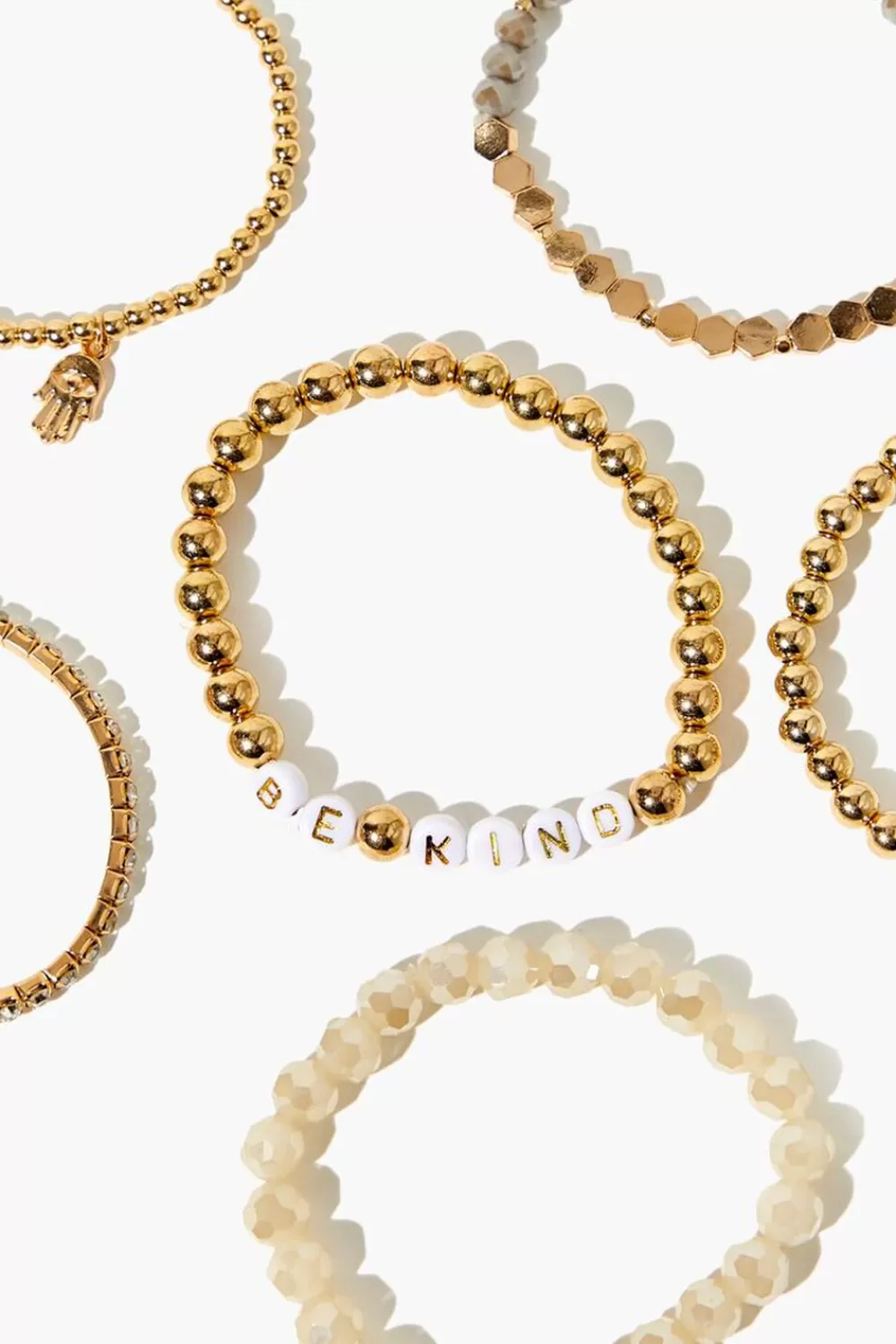 Bracelets>Forever 21 Be Kind Beaded Bracelet Set - 6 Pack Gold/Cream
